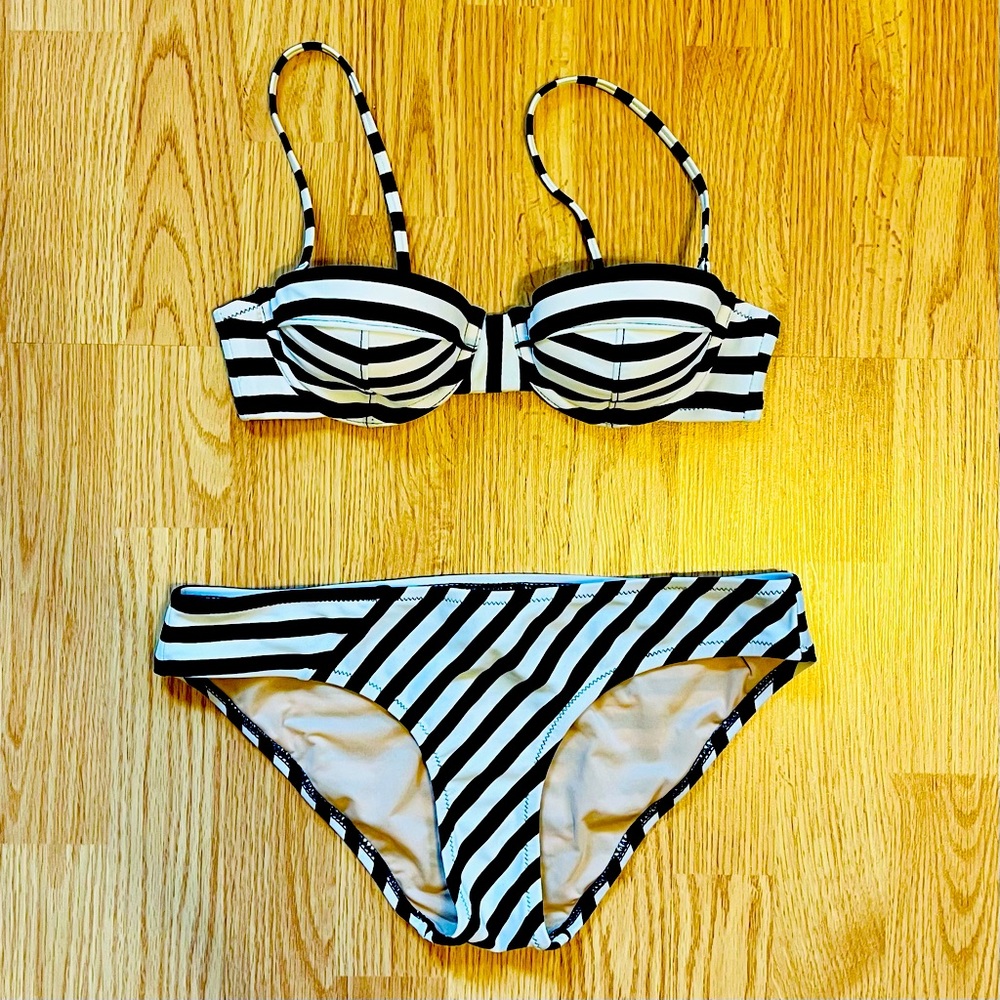 J. Crew Navy & Cream Stripe Bikini Top 32A Bottom XS